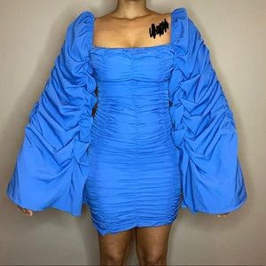 Blue Big Sleeve Draped Dress